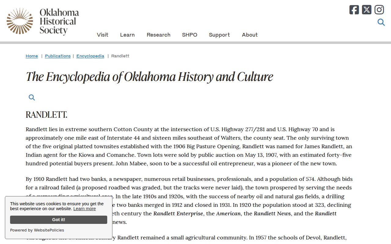 Randlett, Oklahoma Historical Society city history and population context for Cotton County records searches