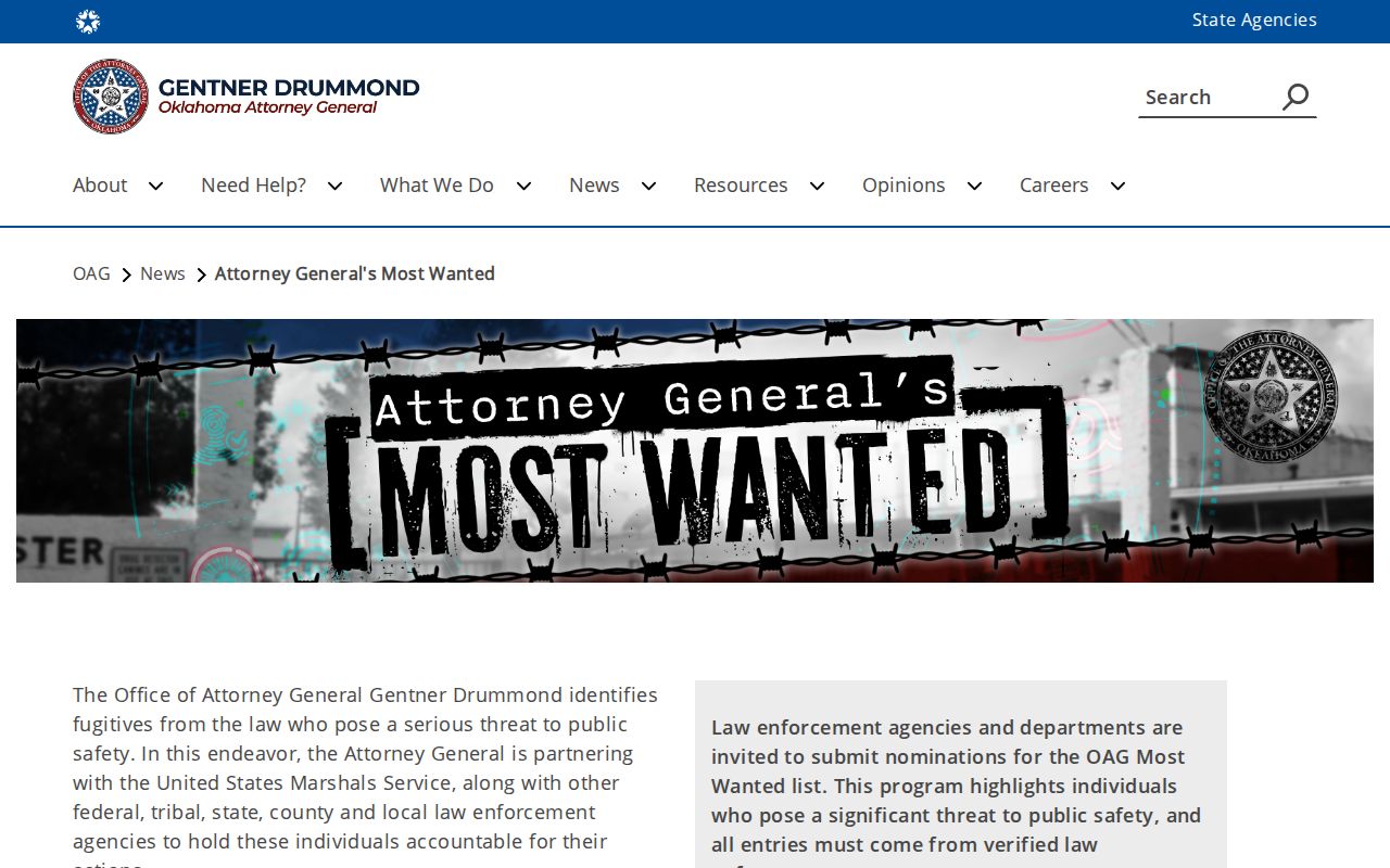 Oklahoma Attorney General Most Wanted official warrant-list source for Cotton County reference