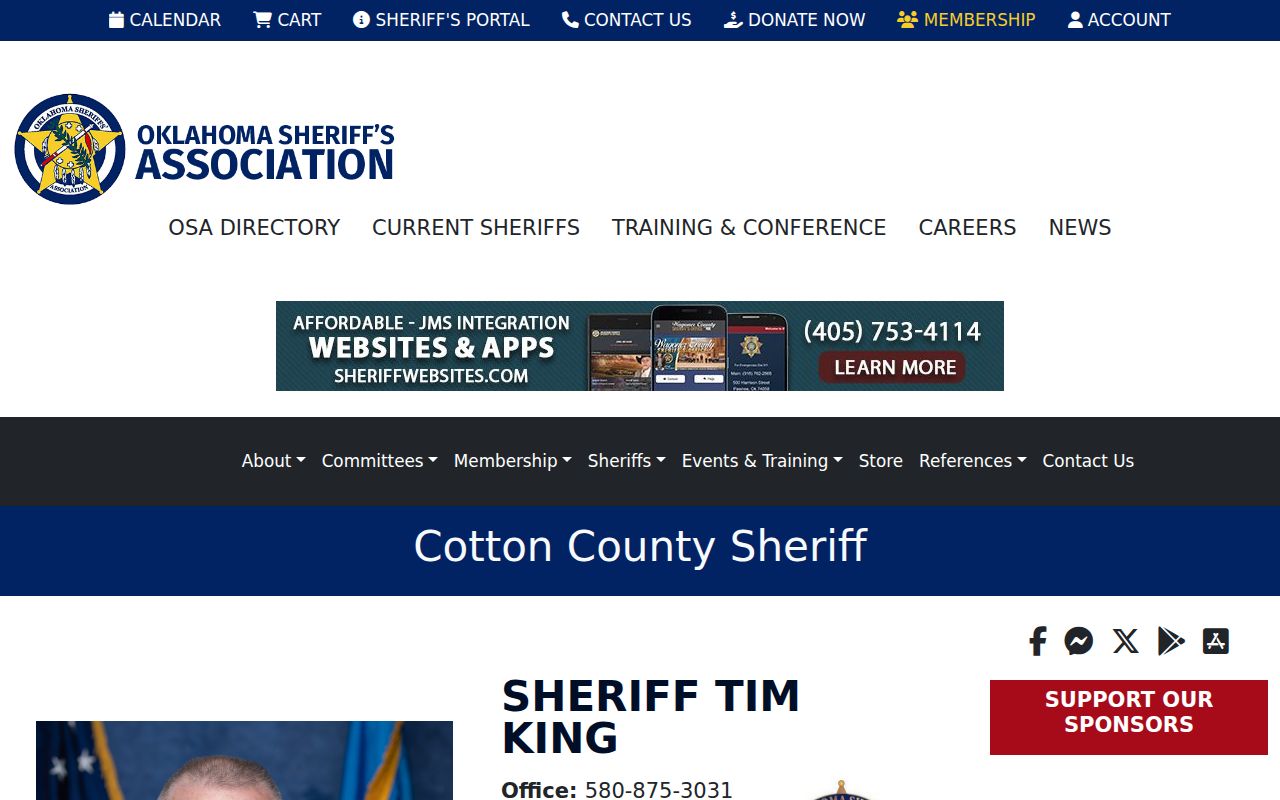 Cotton County Sheriff’s Office official contact record for booking and jail requests
