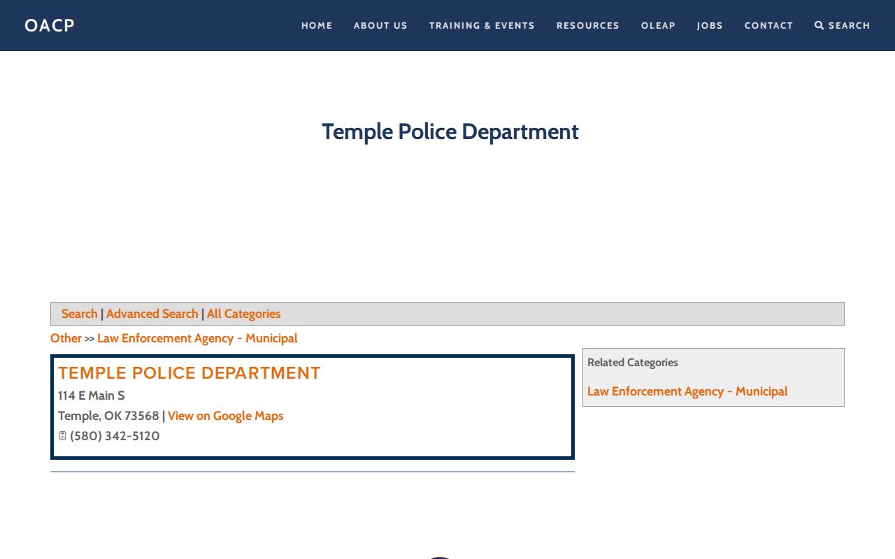 Temple Police Department directory listing for Cotton County arrest record contact